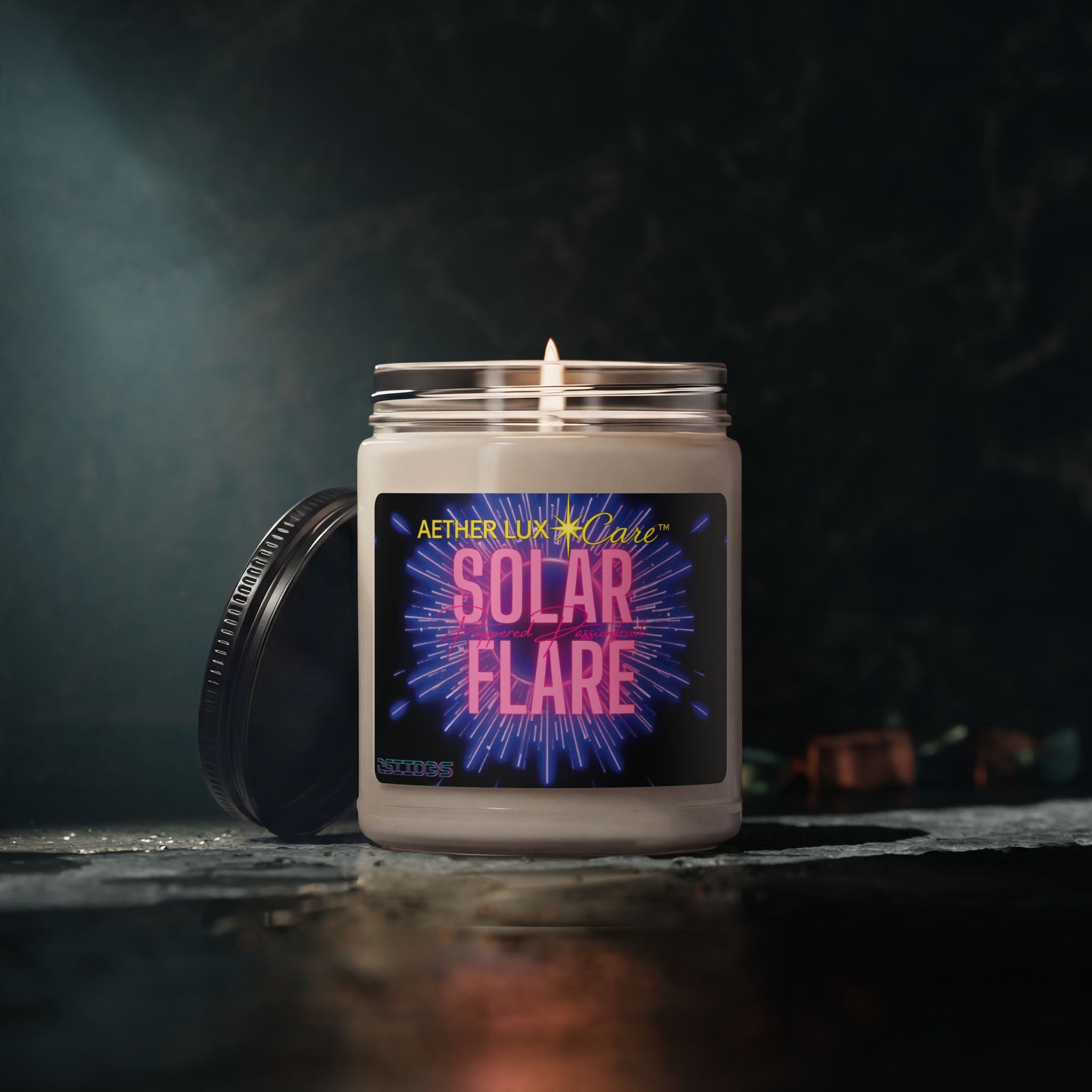 Candle in a jar labeled 'Solar Flare' by Aether Lux on a dark background