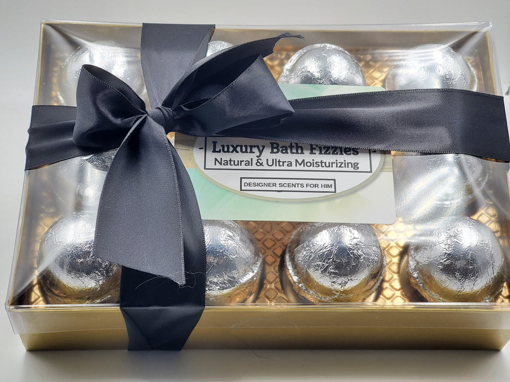 Designer Scents Bath Bomb Gift Set for Men with 12 foil-wrapped 2.5 oz bath bombs, ultra-moisturizing, great for dry skin, makes a nice gift by Spa Pure
