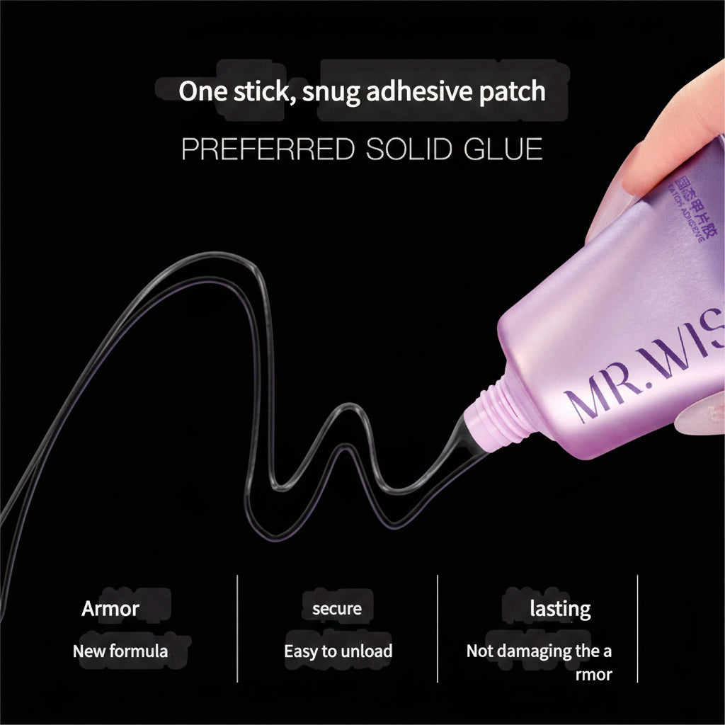 MR. WIS adhesive patch bottle with glue being applied on a purple background