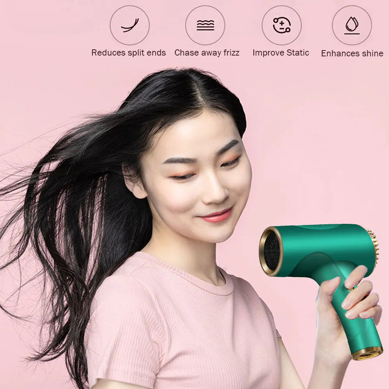 Woman holding a green hair dryer with features listed on a pink background