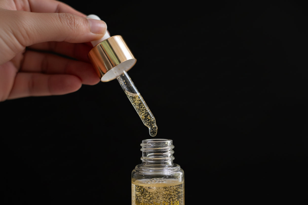 Glass dropper bottle with gold liquid held by a hand against a neutral background