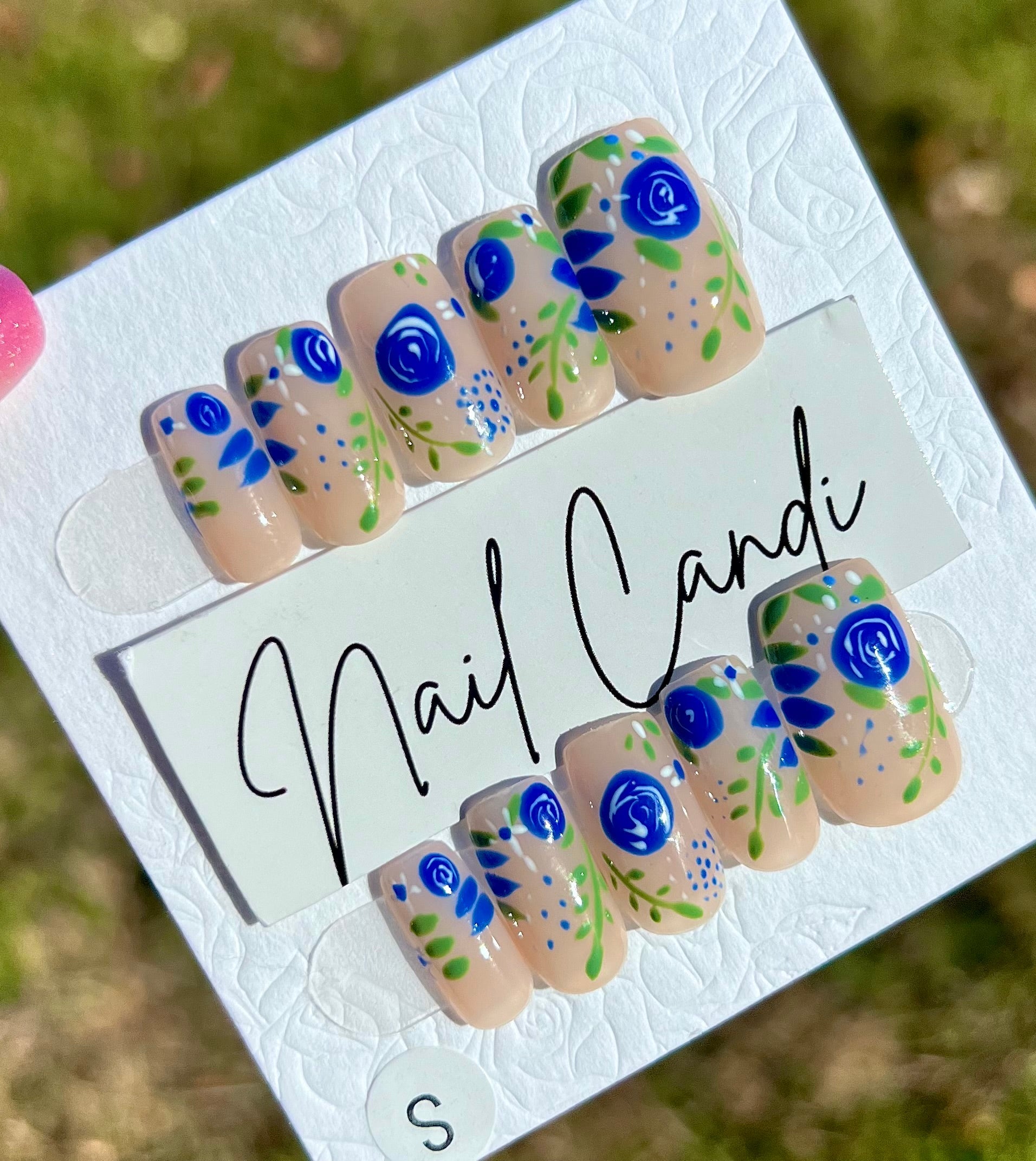 Handmade Blue & Green Floral Nails
