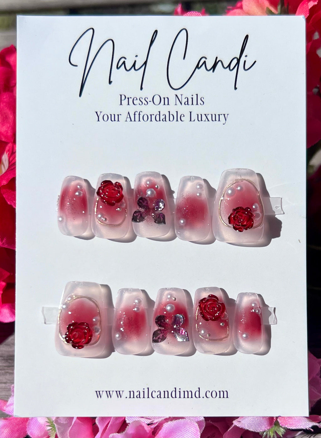 Handmade Medium Coffin Red Rose Nails