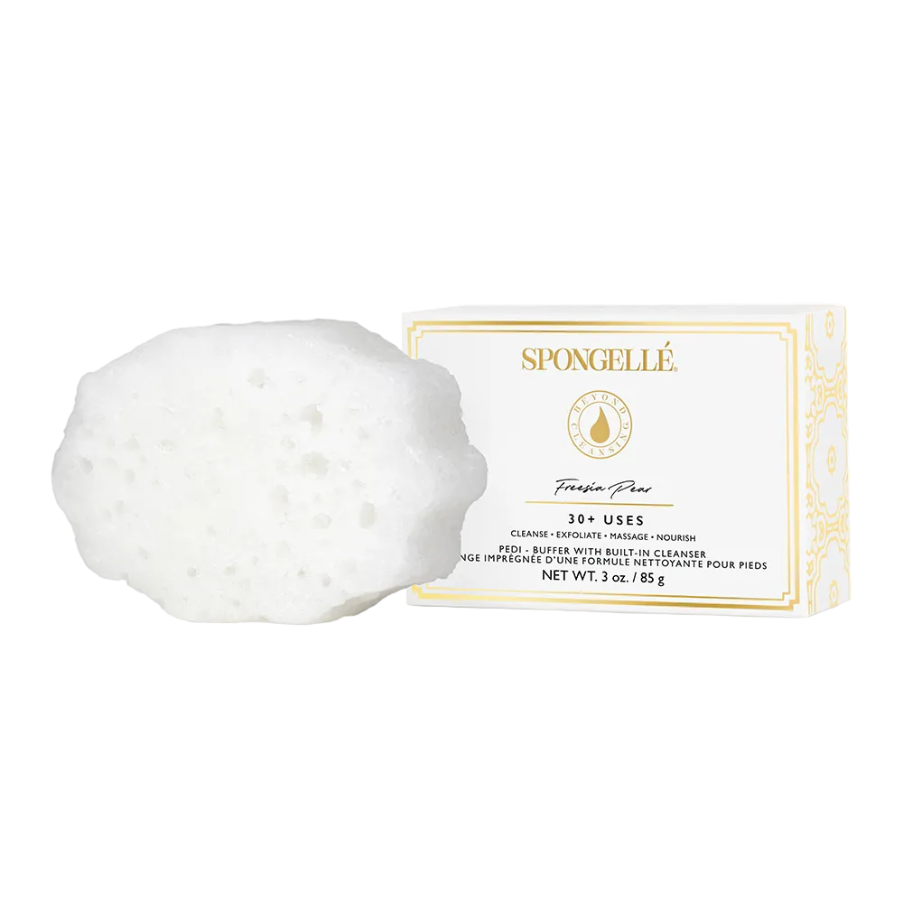 White bath sponge with packaging on a white background