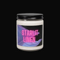Candle jar with 'Starlit Linen' label on a white background