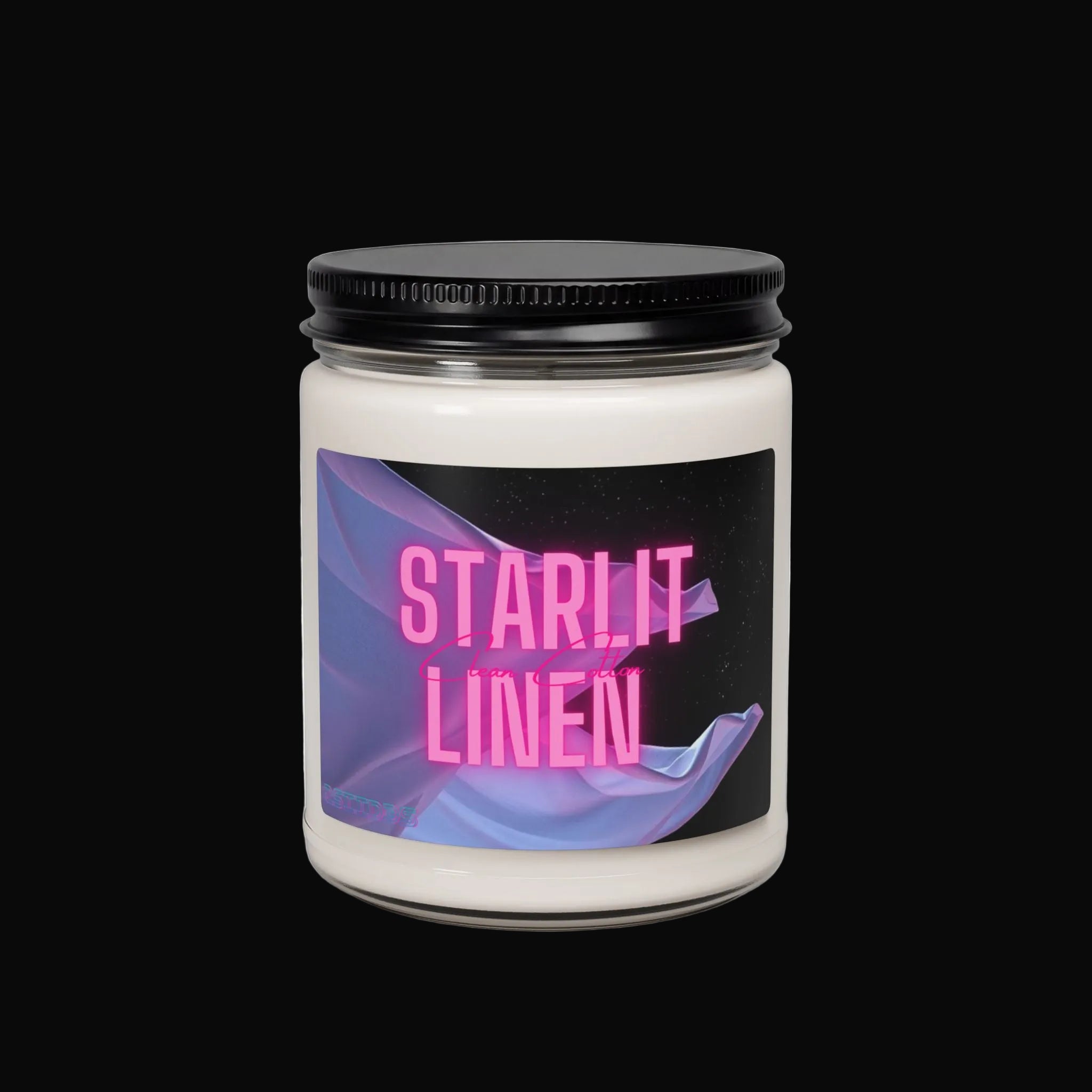 Candle jar with 'Starlit Linen' label on a white background