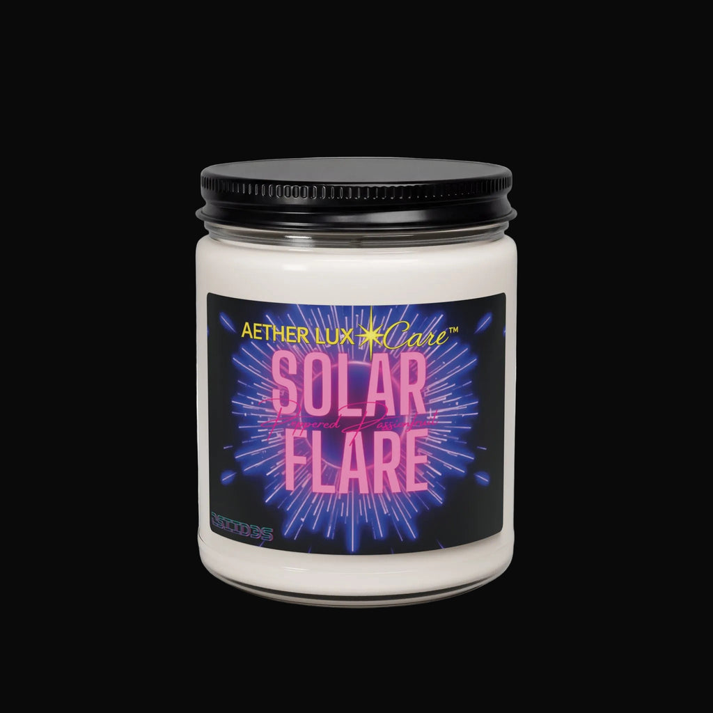 Candle jar labeled 'Solar Flare' by Aether Lux on a white background
