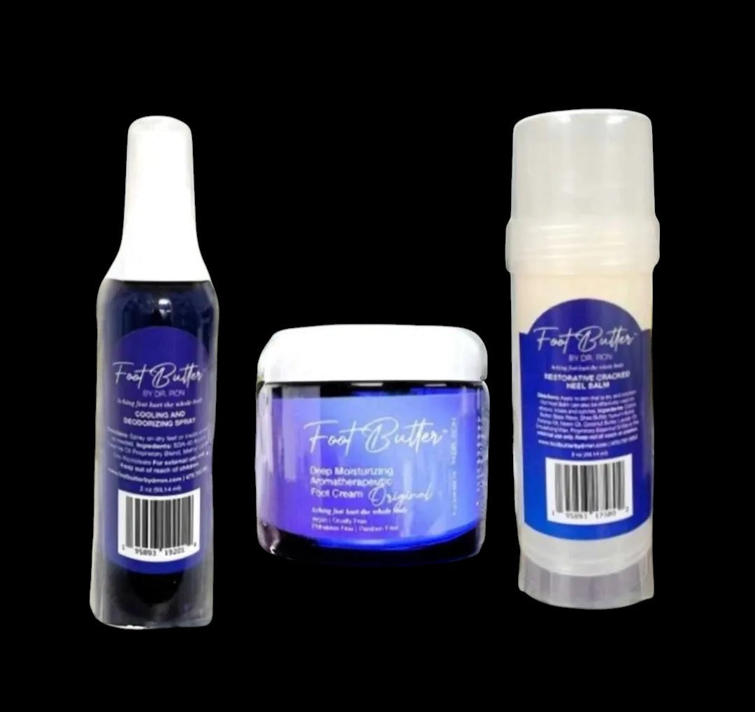 Foot Care Bundle – Lavender Jasmine Foot Butter, Cracked Heel Balm, Cooling Spray & Pumice Scrubber by Foot Butter by Dr Ron