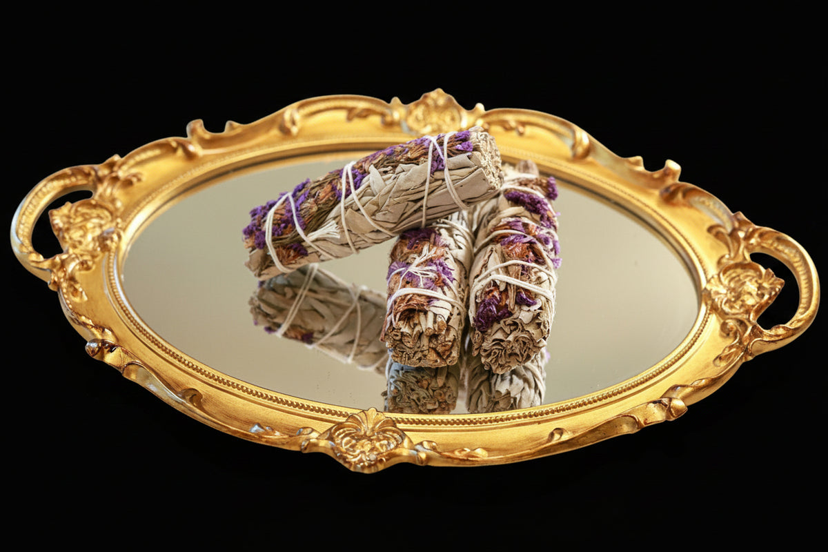 4" Sustainably Harvested - White Sage & Purple Sinuata Flower - AetherLux.Shop