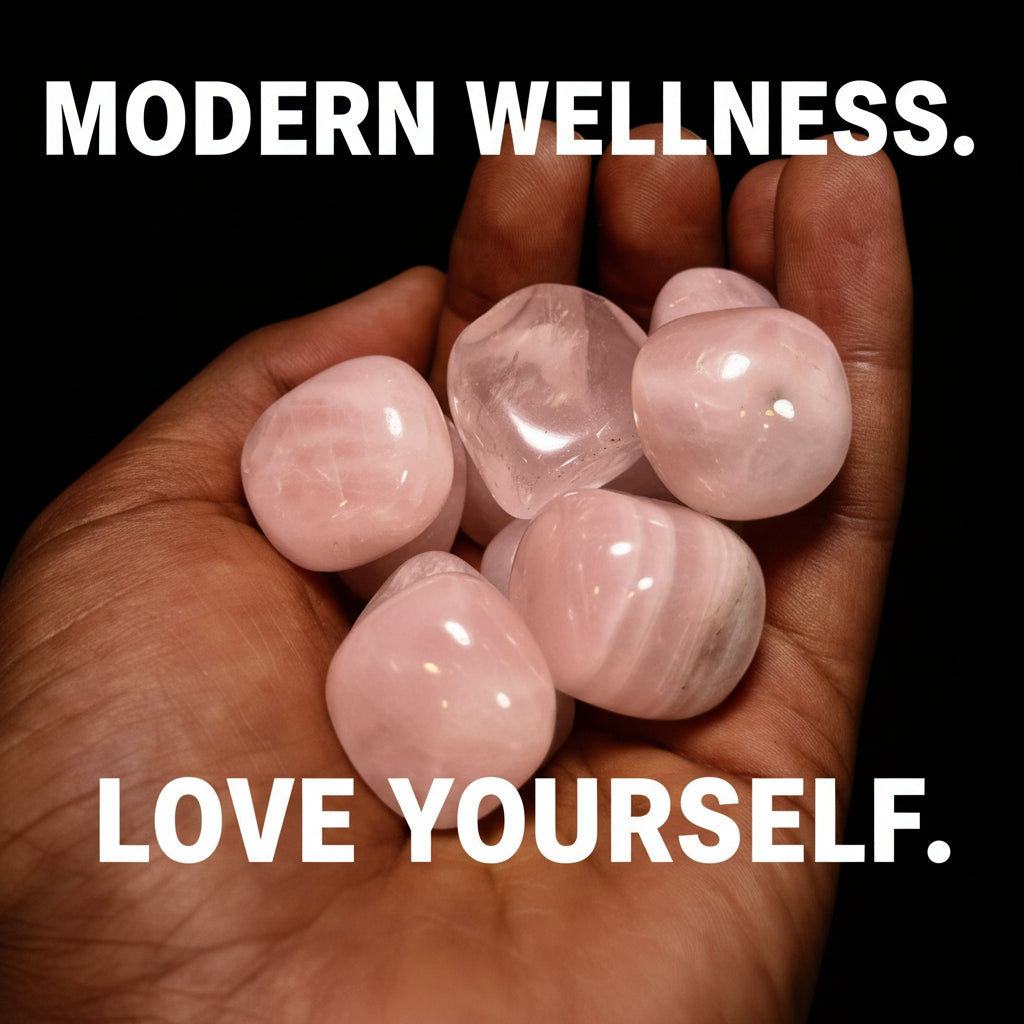 Hand holding six pink crystal stones against a black background