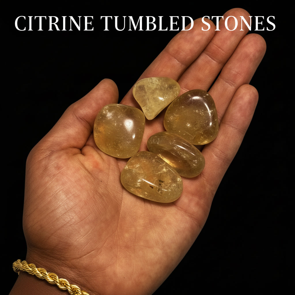 Hand holding five transparent stones against a black background
