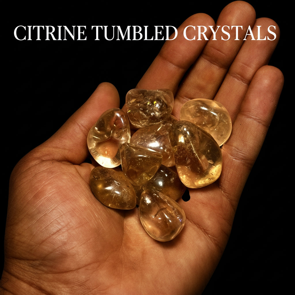 Hand holding a collection of transparent brown gemstones against a black background