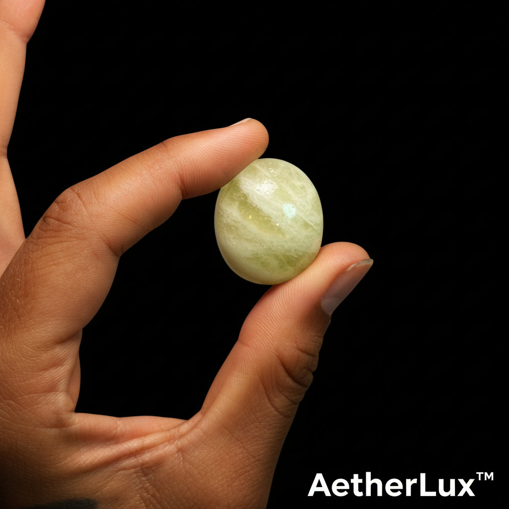 Hand holding a marble-like object against a black background
