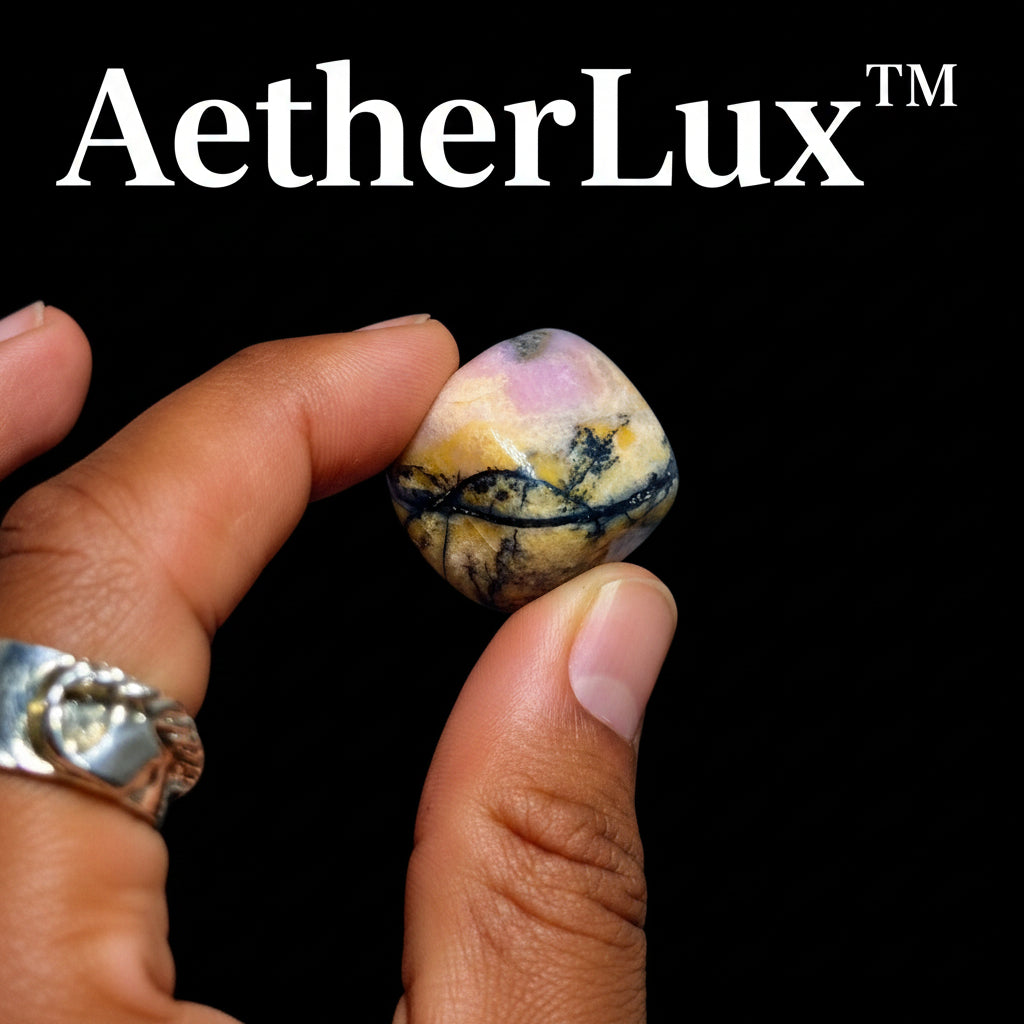 Hand holding a multicolored stone against a black background