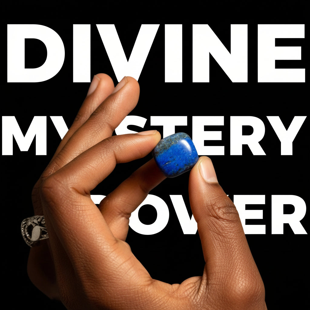 Hand holding a blue stone against a black background
