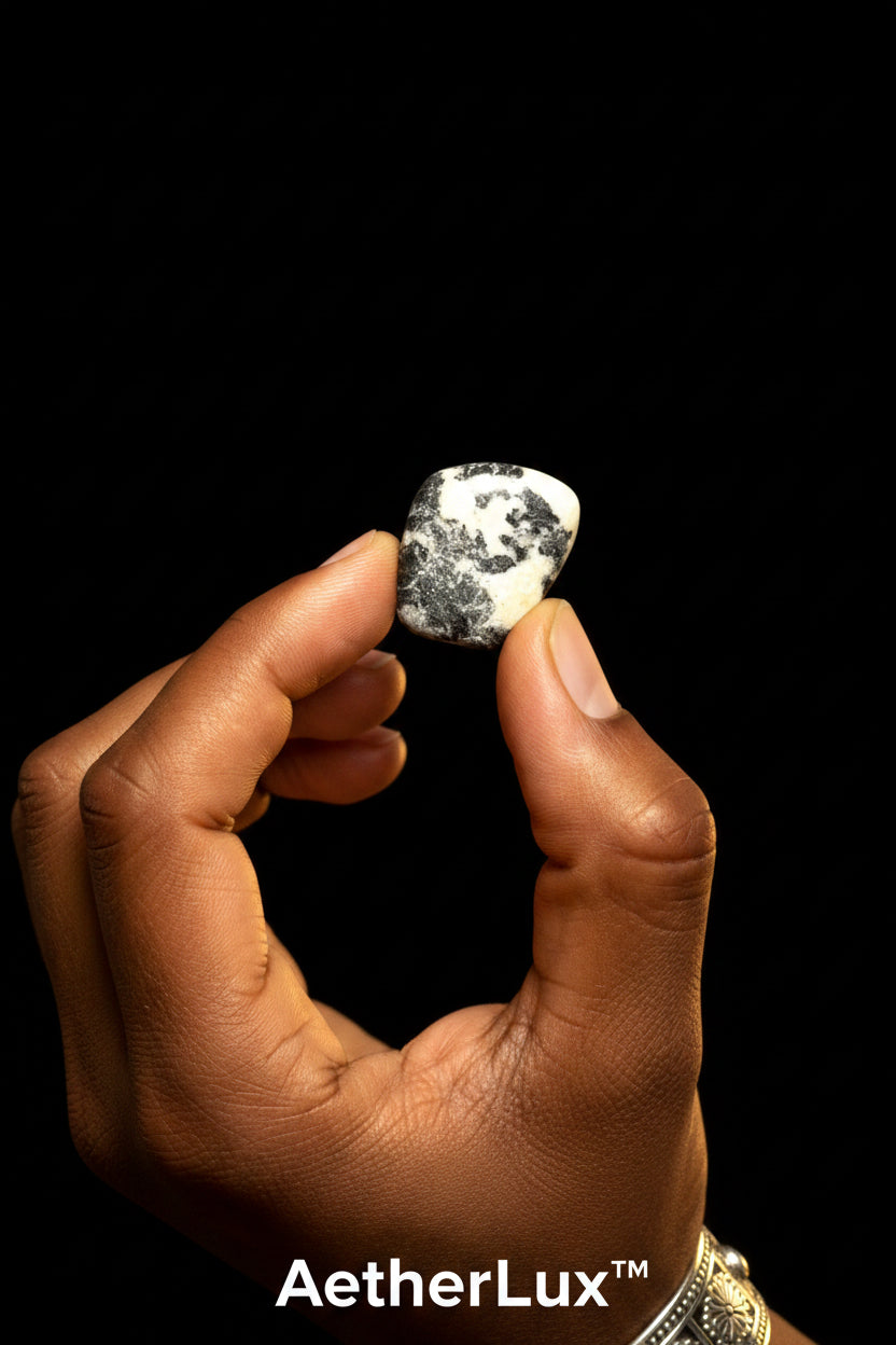 Hand holding a small black and white stone against a black background