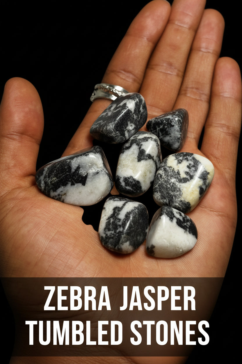 Hand holding a collection of black and white marbled stones against a black background
