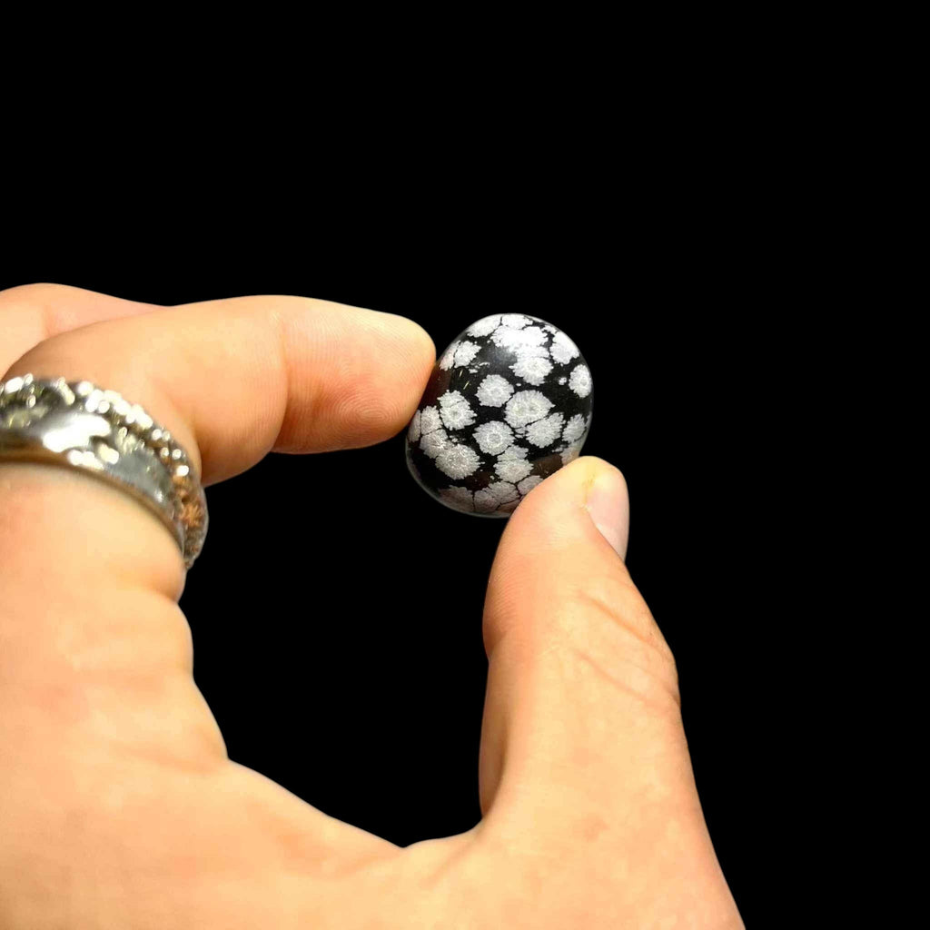 Hand holding a black and white patterned ball against a black background