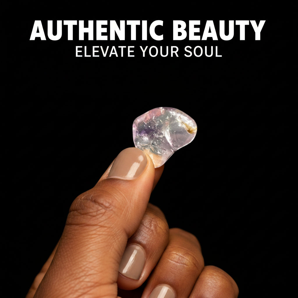 Hand holding a clear crystal with pink and purple hues against a black background
