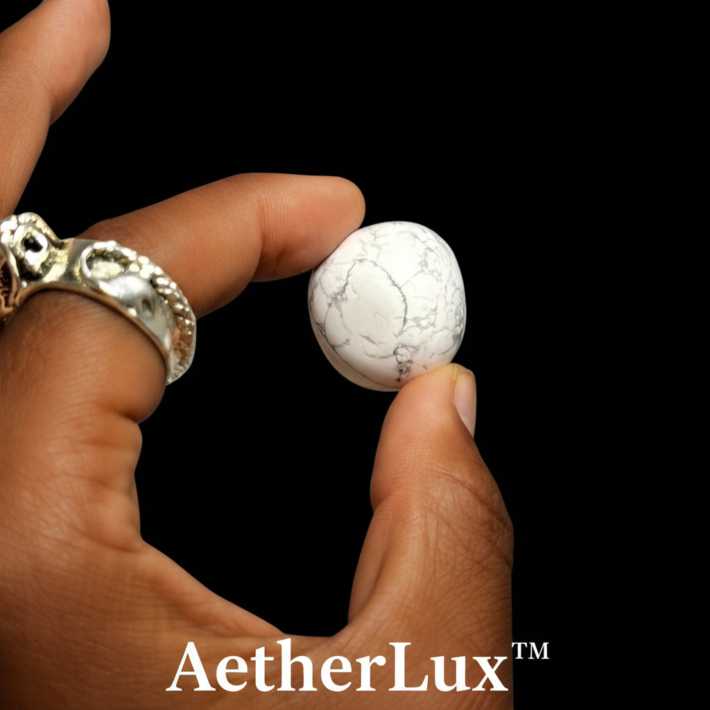 Hand holding a white marbled stone against a black background
