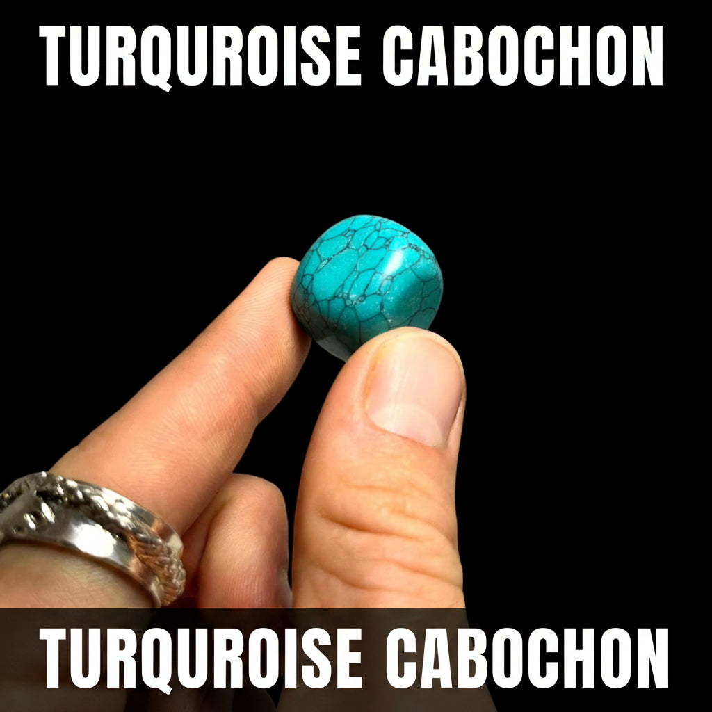 Turquoise stone held between fingers against a black background