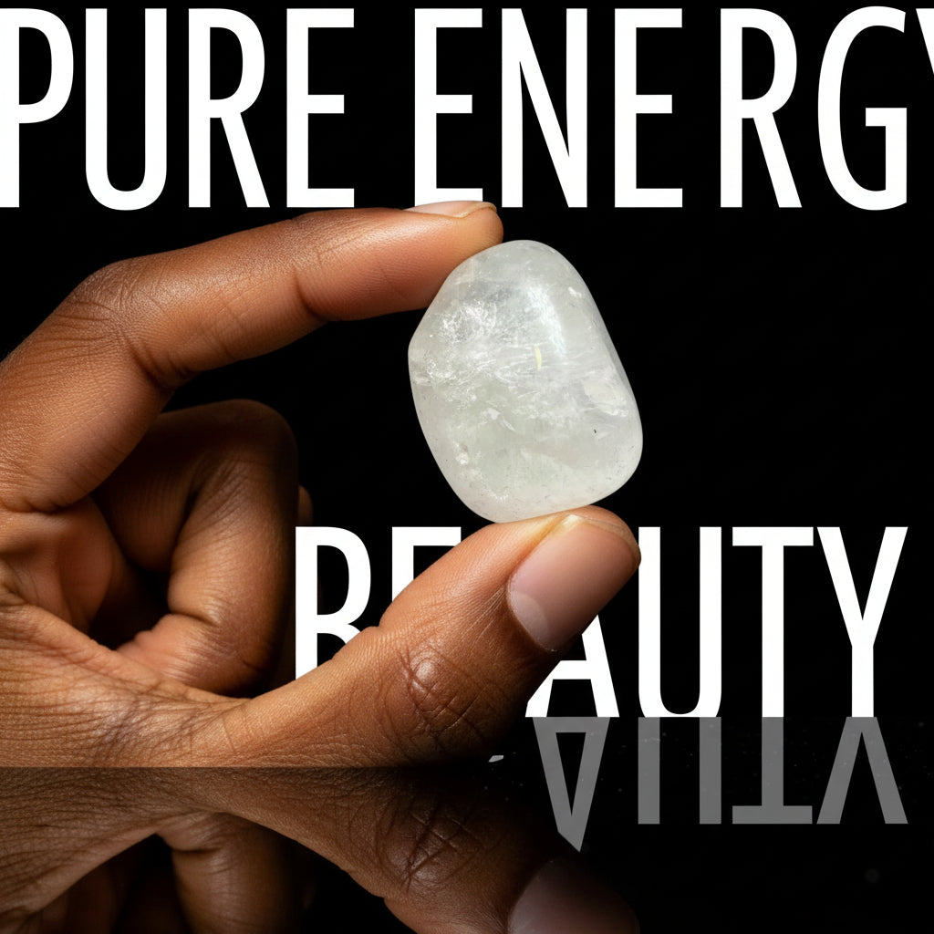 Clear crystal rock held between two fingers against a black background
