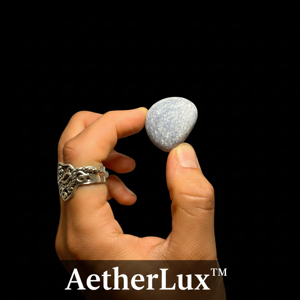 Hand holding a small gray stone against a black background