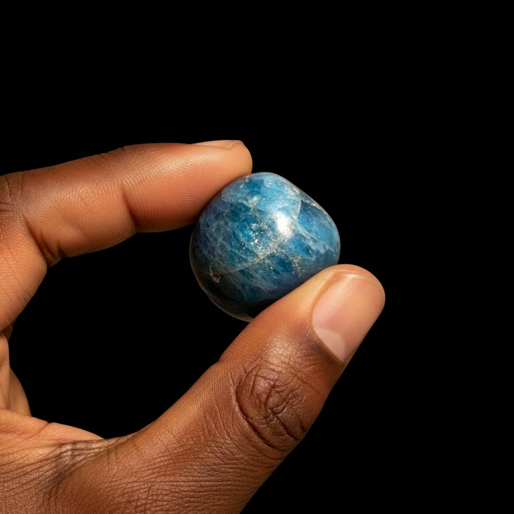 Blue marbled sphere held between two fingers against a black background
