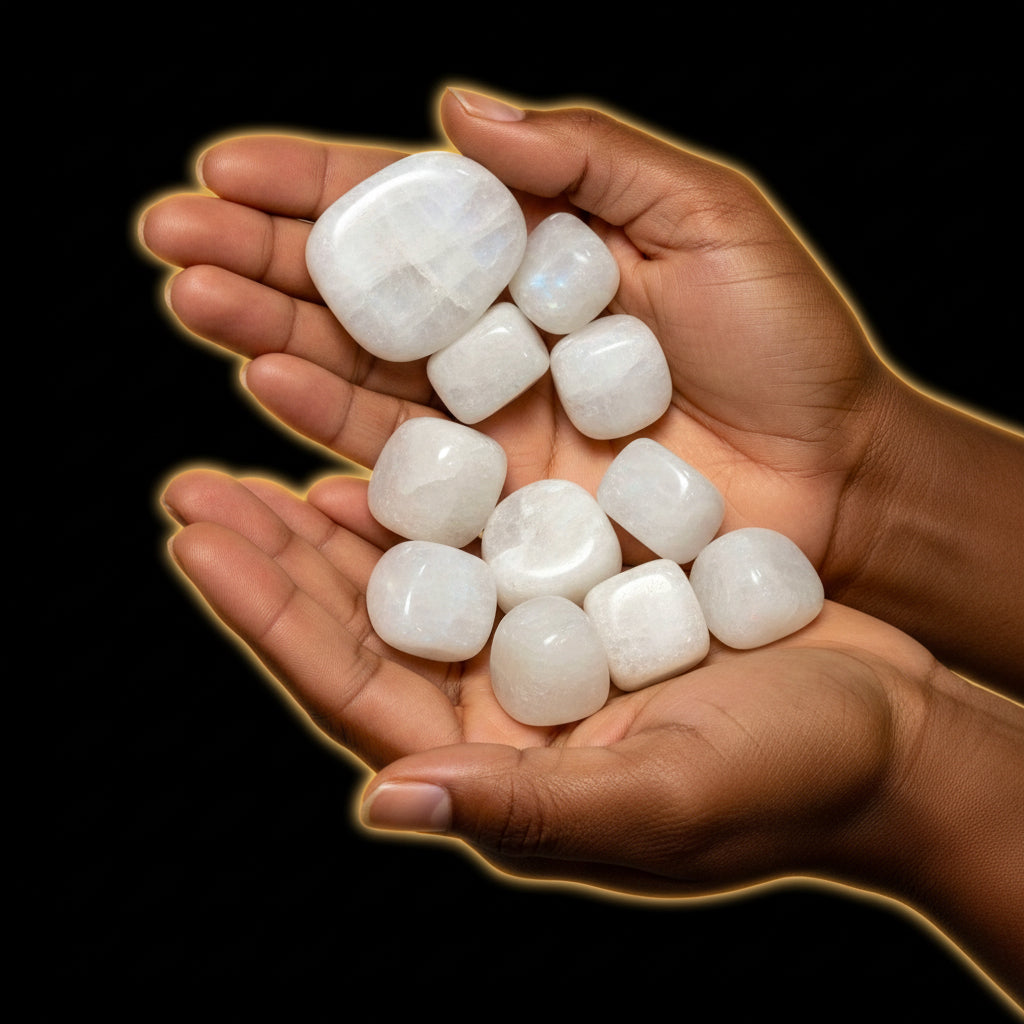 Hand holding a collection of white stones against a black background