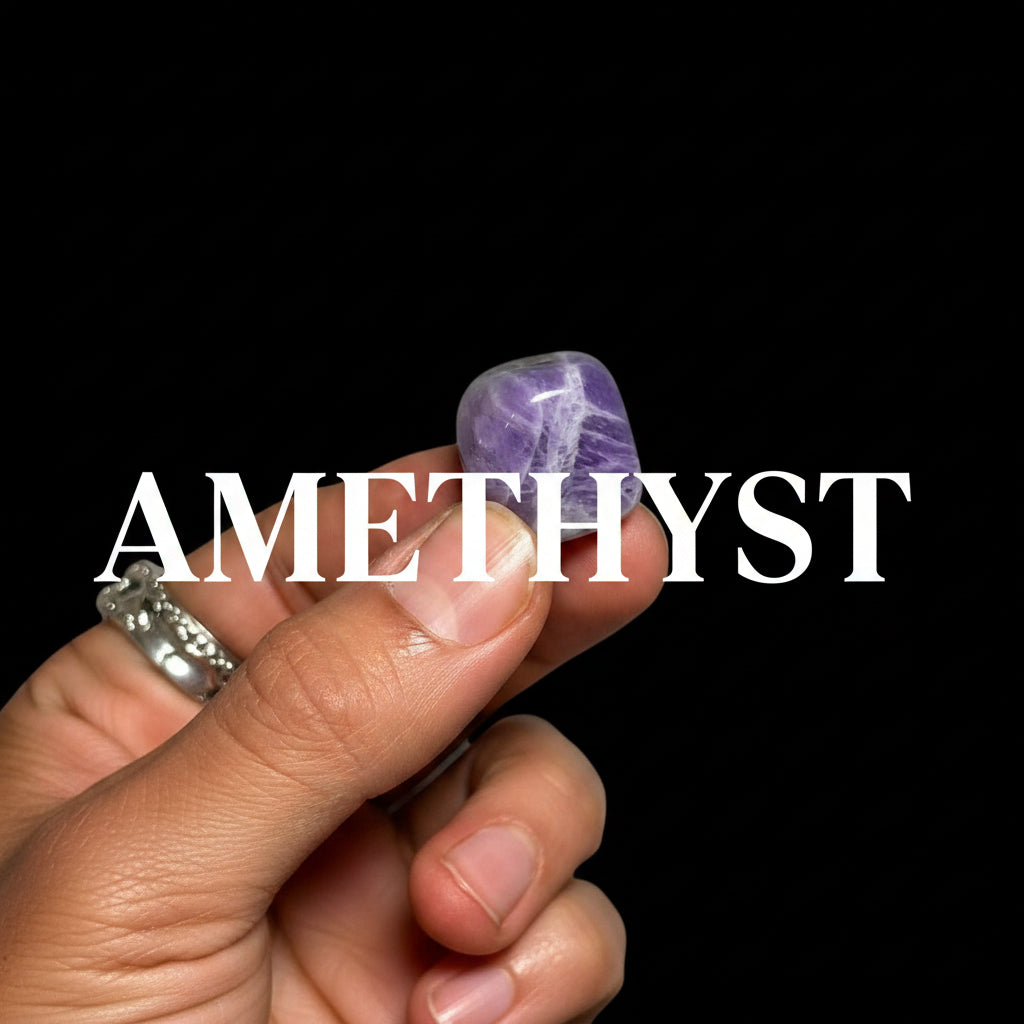 Hand holding a purple and white marbled stone against a black background