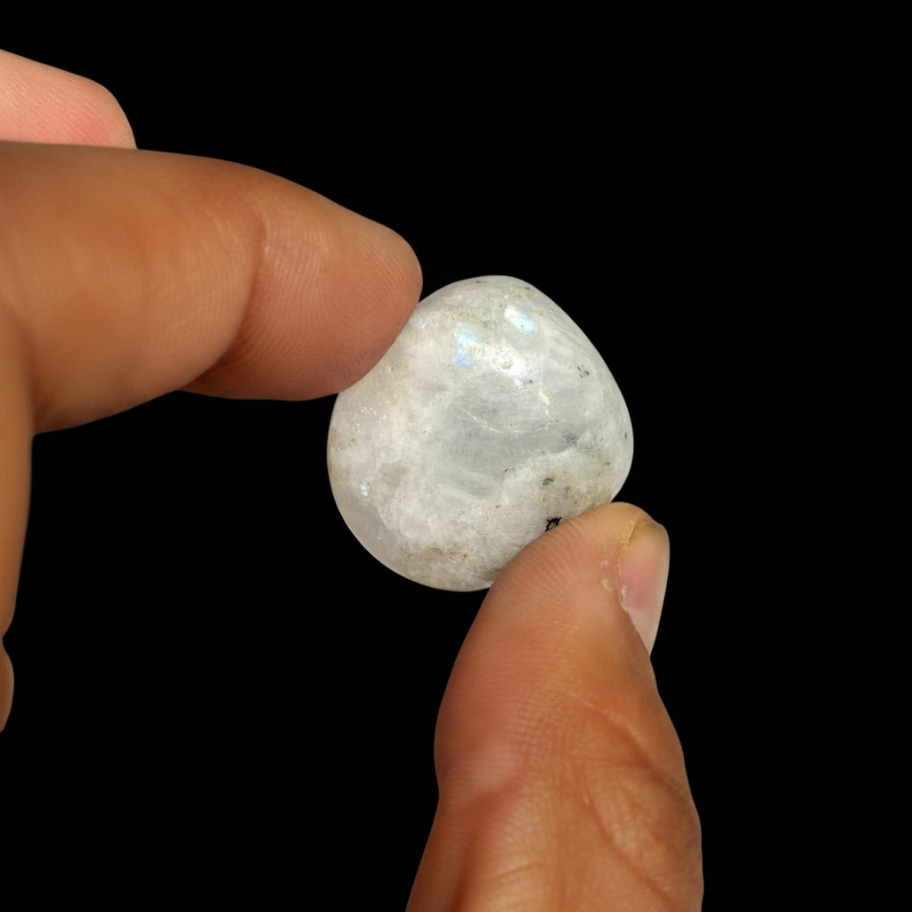 Hand holding a small, round, grayish-white stone against a black background