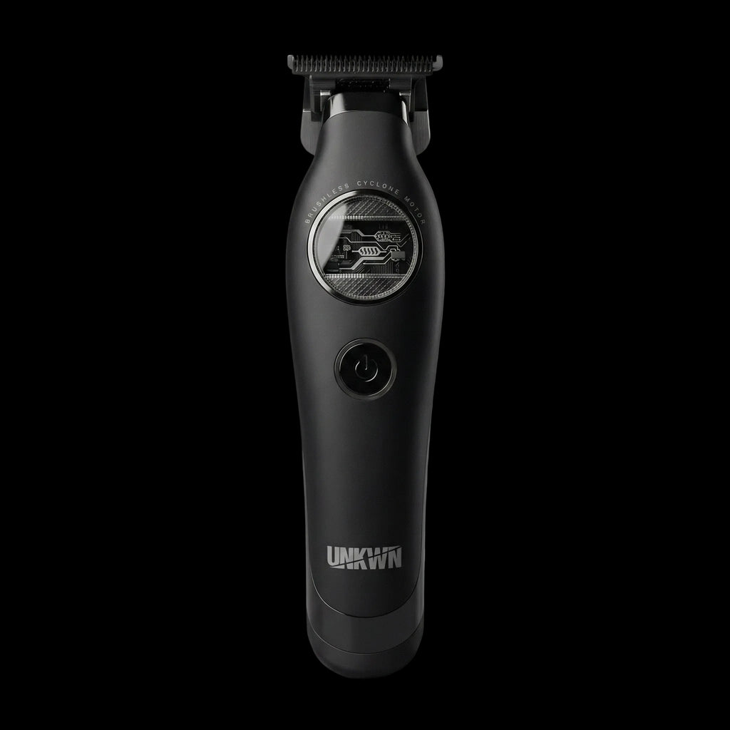 Black hair trimmer with visible brand logo on a gray background