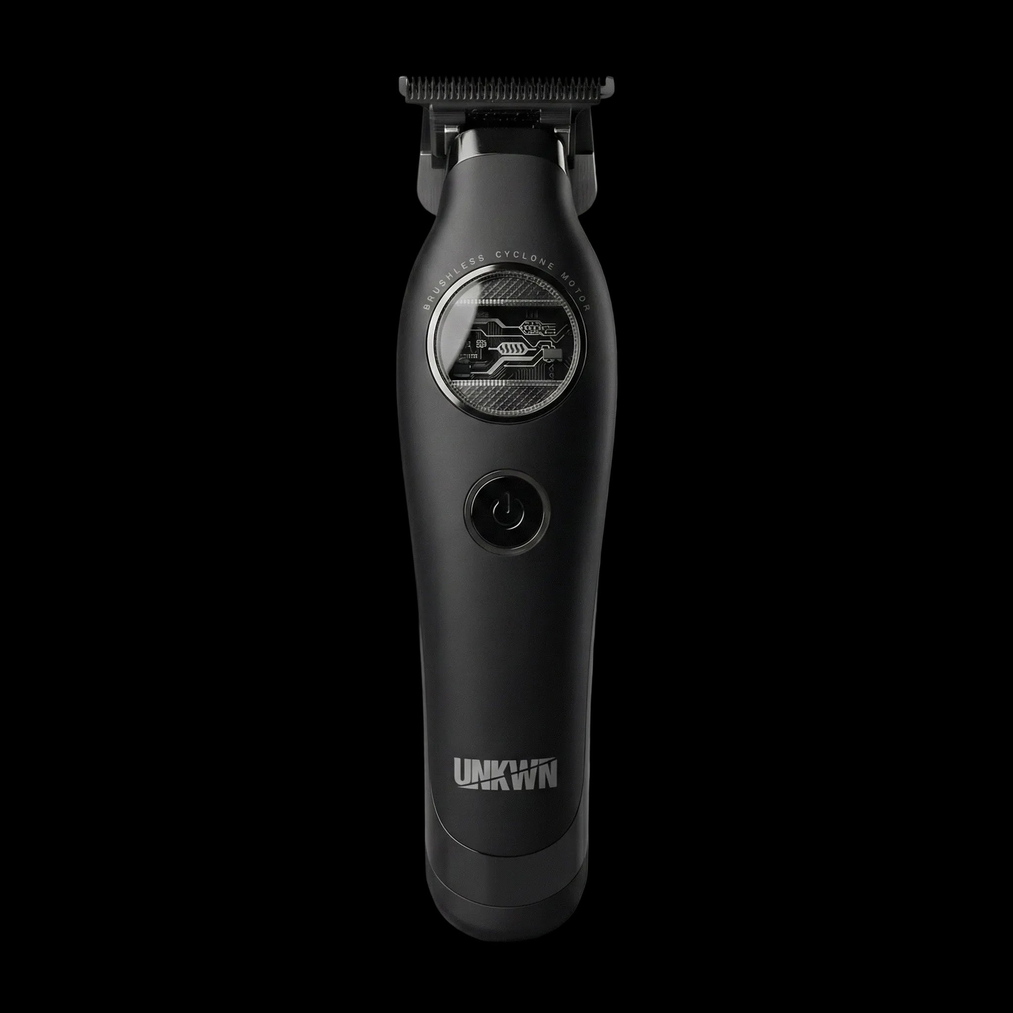 Black hair trimmer with visible brand logo on a gray background