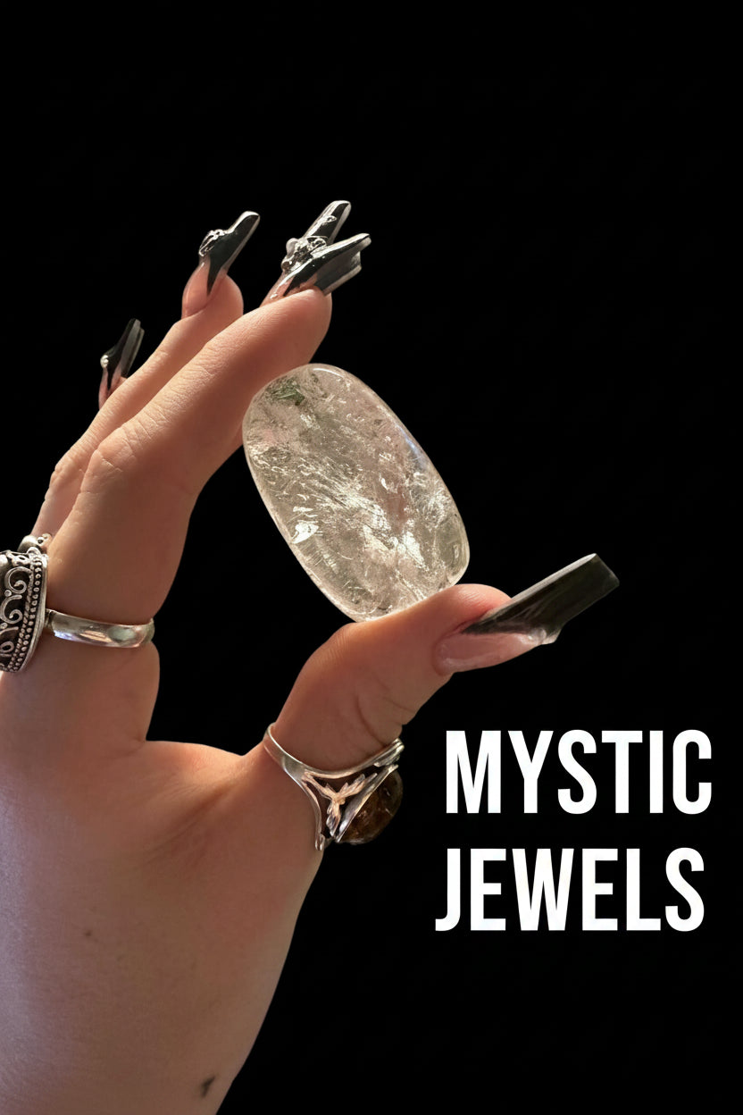 Hand holding a crystal with black background