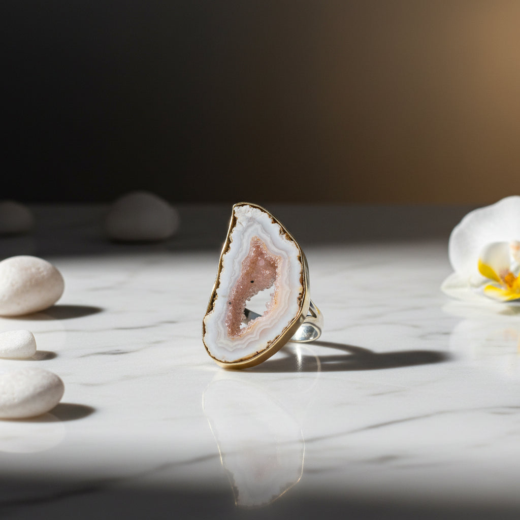 Pink Agate Geode Slice Ring – Sterling Silver – Size 10
