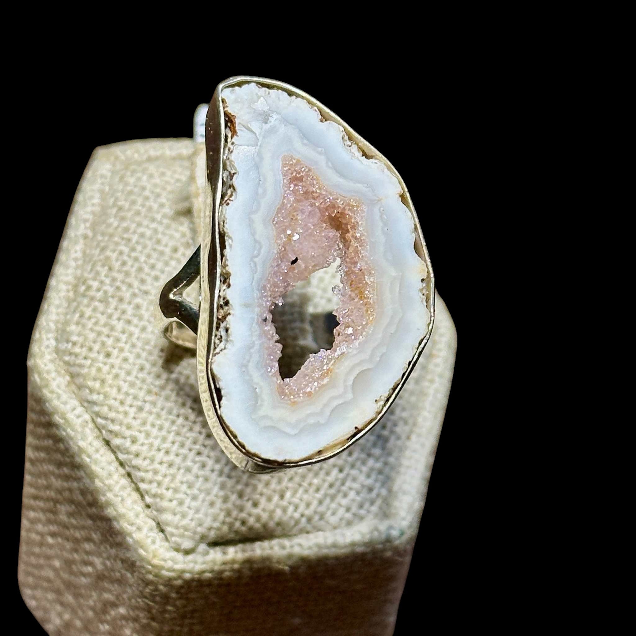 Pink Agate Geode Slice Ring – Sterling Silver – Size 10