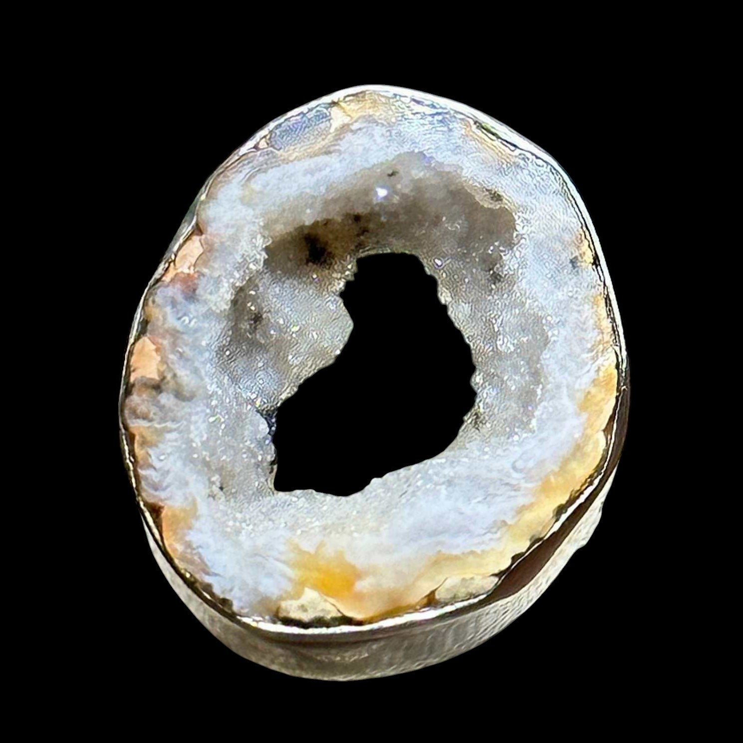 Honey Gray Agate Geode Slice Ring – Sterling Silver – Size 7