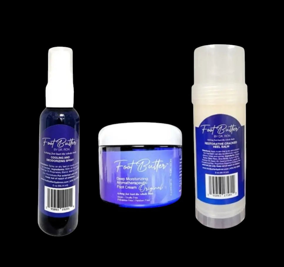 Foot Care Bundle – Lavender Jasmine Foot Butter, Cracked Heel Balm, Cooling Spray & Pumice Scrubber by Foot Butter by Dr Ron