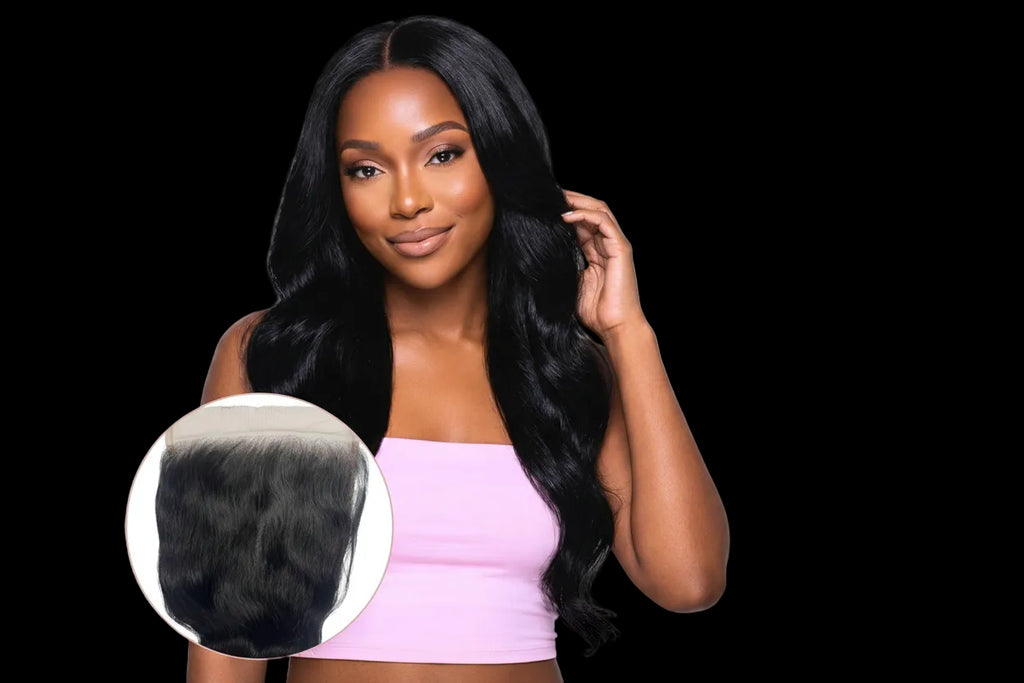 Woman with long black hair and a close-up of a hair closure inset.