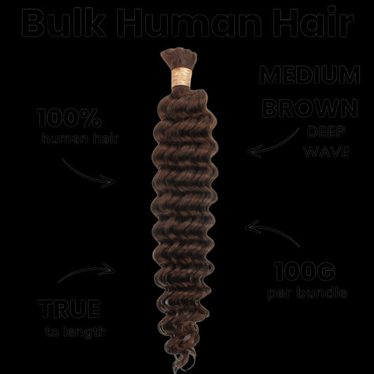 Medium Brown Deep Wave Color 4 Bulk 100% Human Braiding Hair by Private Label
