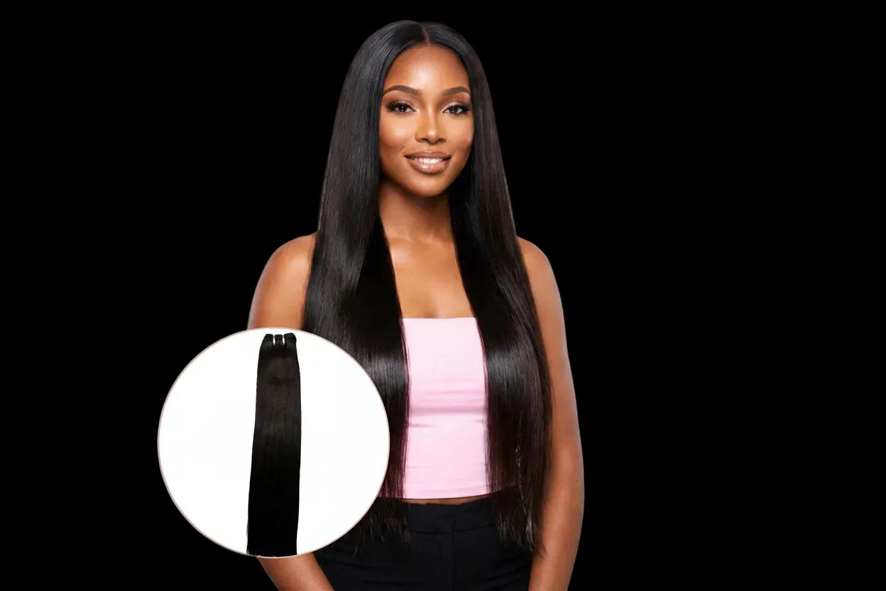 Woman with long straight hair extensions on a white background