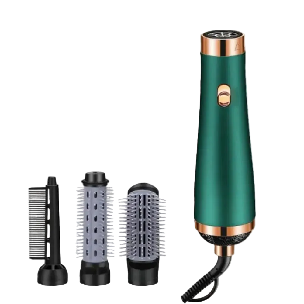 Green hair styling tool with attachments on a white background