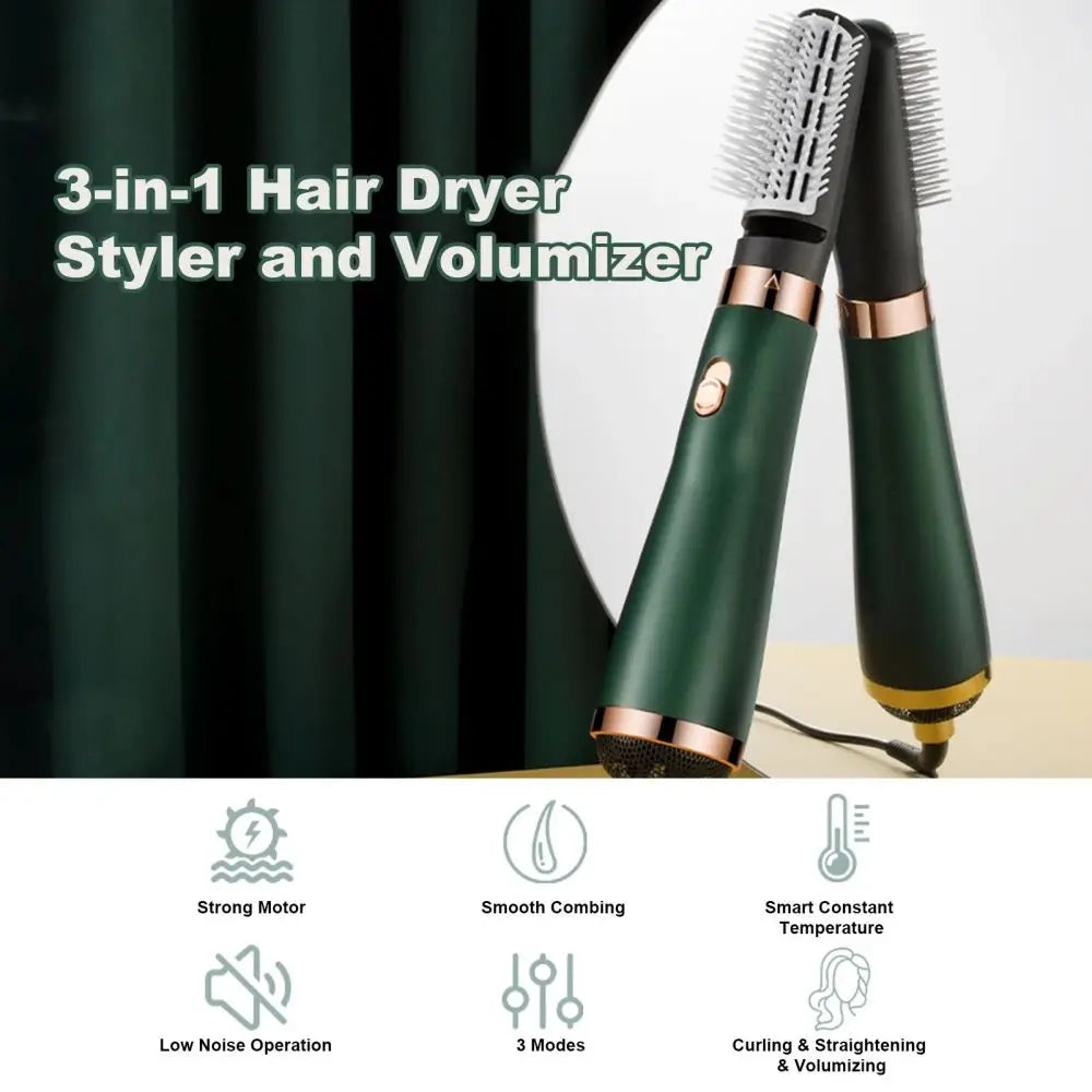 3-in-1 hair dryer, styler, and volumizer with green and black design on a neutral background.