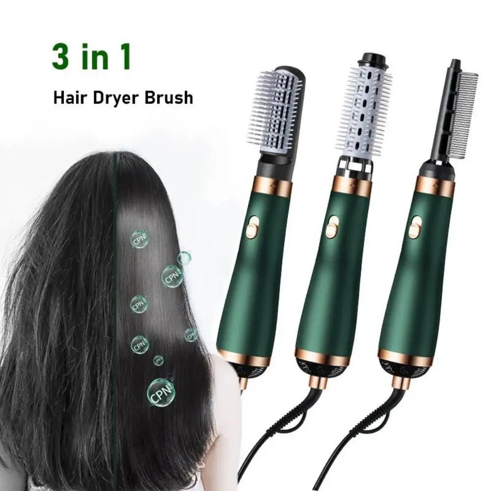 3-in-1 hair dryer brush with attachments on a white background