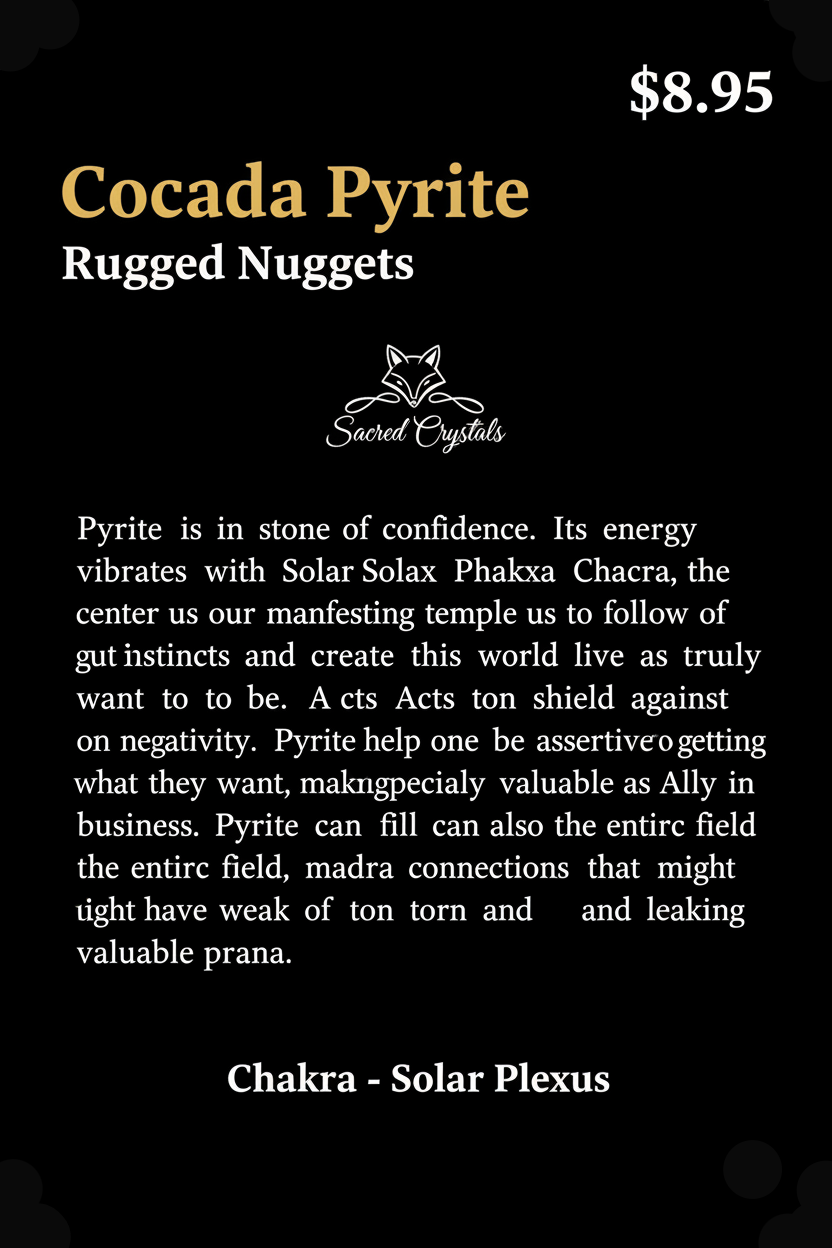 Product label for Cocada Pyrite Rugged Nuggets with text about its properties and uses.