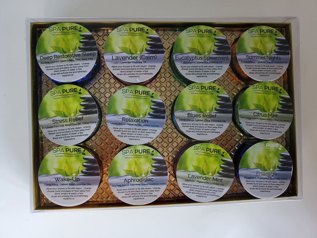 Gift Set with 12 Aromatherapy Shower Bombs - 100% Essential Oil Blends - foil wrapped 1.6 oz each by Spa Pure