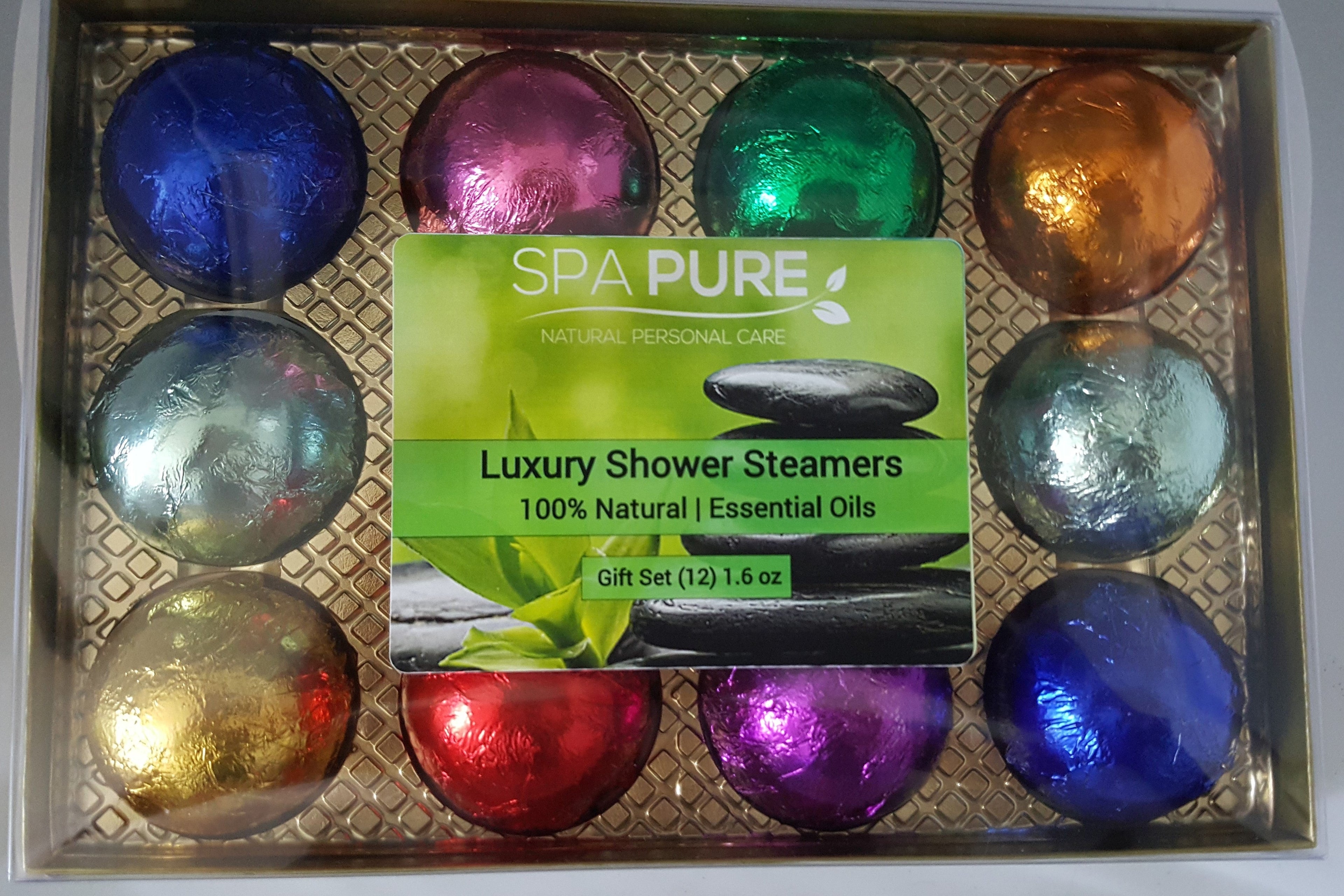 Gift Set with 12 Aromatherapy Shower Bombs - 100% Essential Oil Blends - foil wrapped 1.6 oz each by Spa Pure