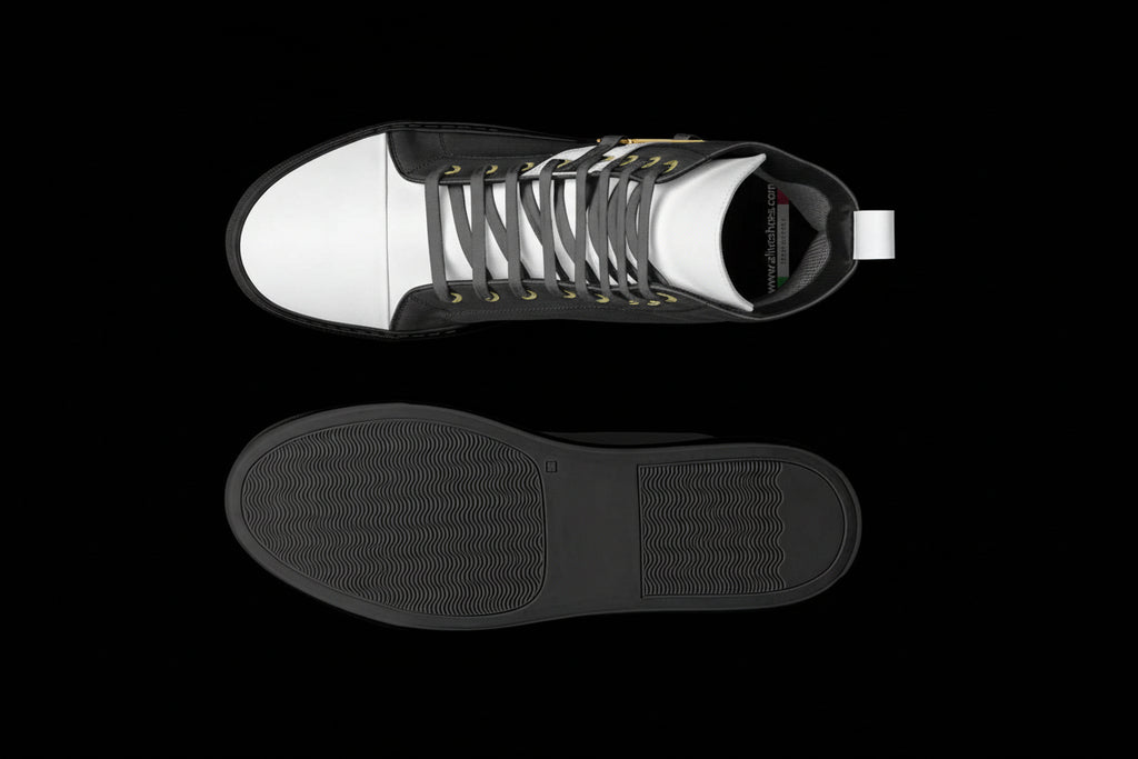 Top and bottom views of a black high-top sneaker on a white background