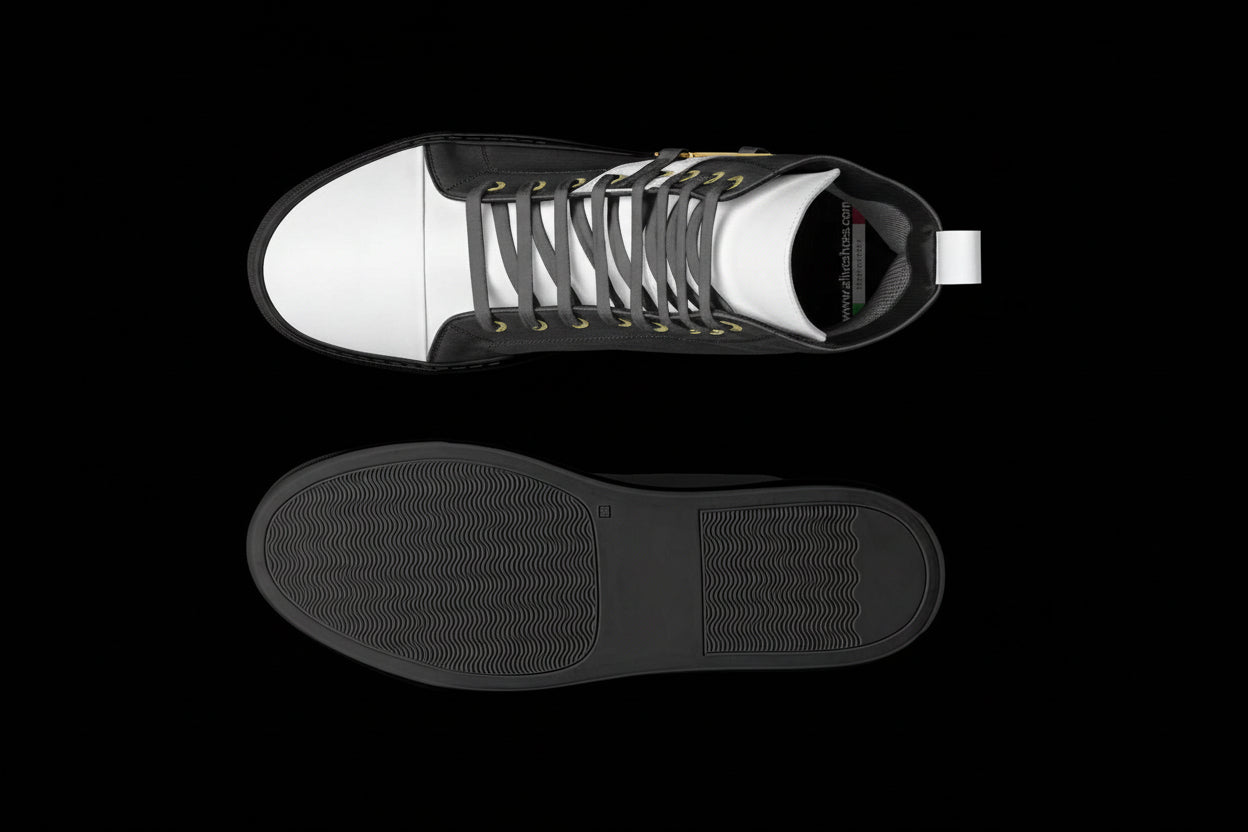 Top and bottom views of a black high-top sneaker on a white background