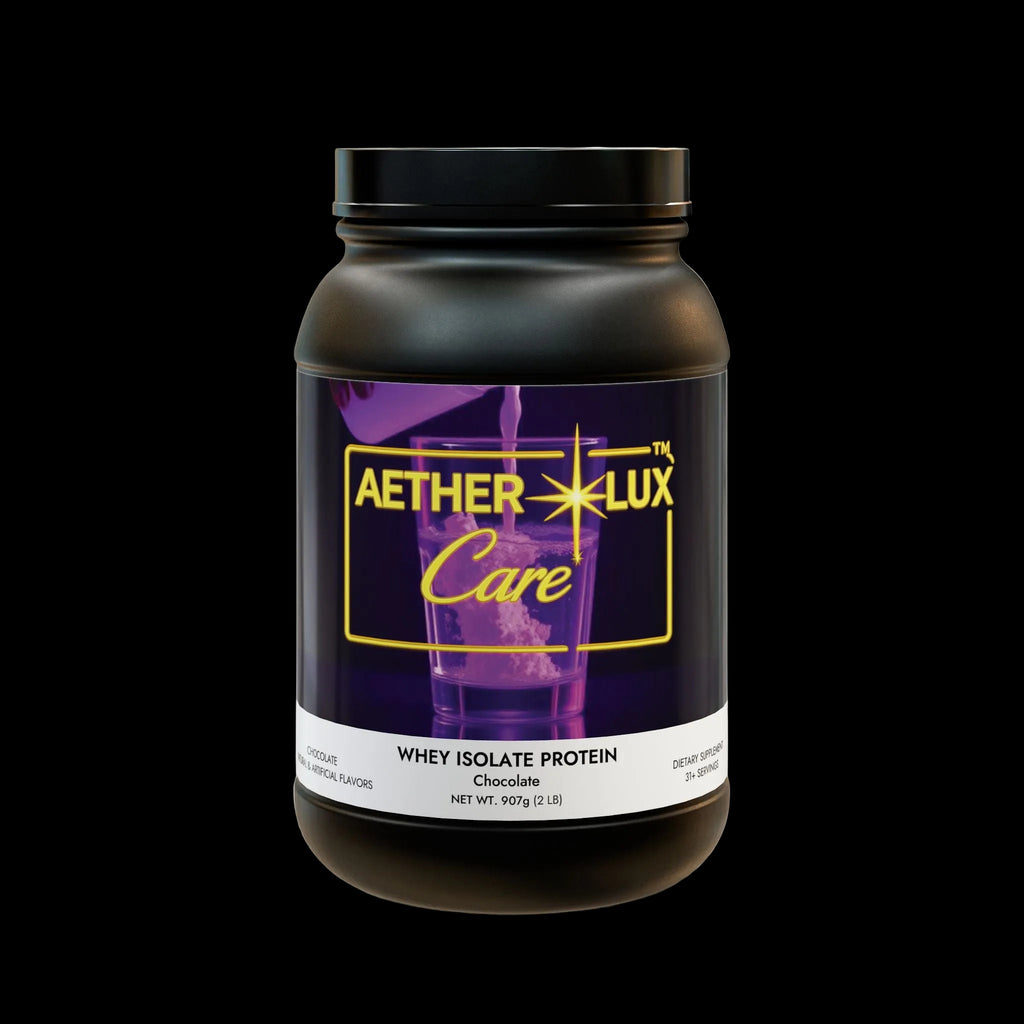 Aether Lux Care whey isolate protein container on a white background